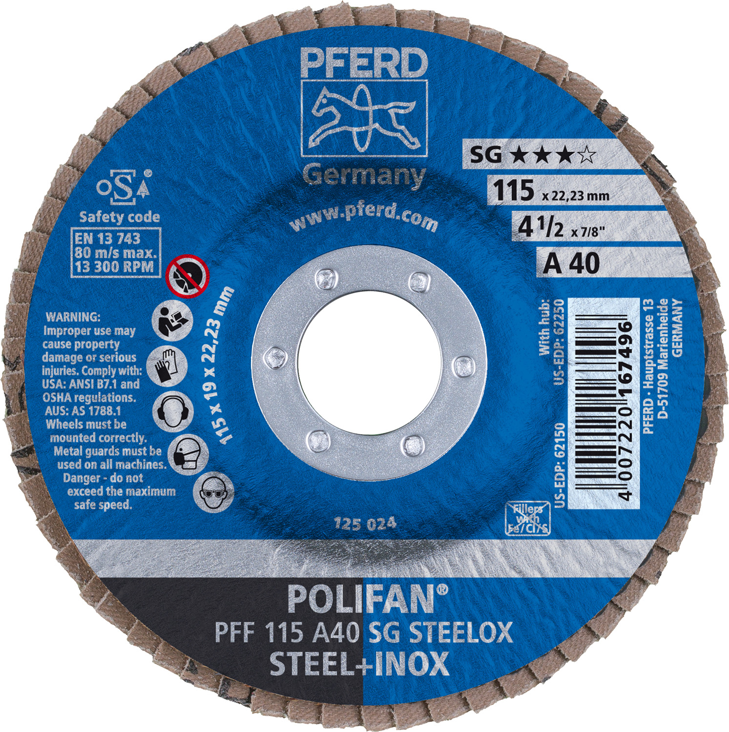 4-1/2" x 7/8" A.H. POLIFAN® Flap Disc, A SG STEELOX, Aluminum oxide, 40 Grit, Flat